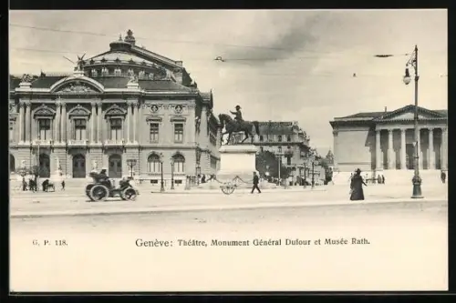 AK Genève, Theatre, Monument General Dufour et Musée Rath