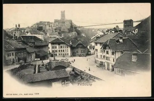 AK Fribourg, Blick auf einen Platz und zur Burg