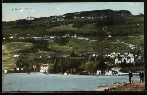 AK Le Mont-Pelerin, Panorama vom Ufer aus mit Passanten