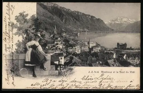 AK Montreux, Teilansicht mit Dent du Midi, Schweizerin in Tracht