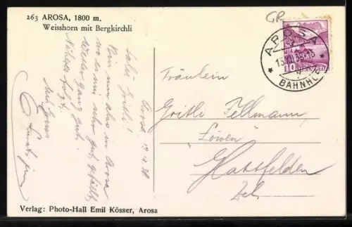 AK Arosa, Weisshorn mit Bergkirchli im Schnee