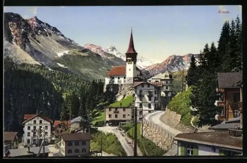 AK Arosa, Teilansicht mit Kirche und Gasthaus Central