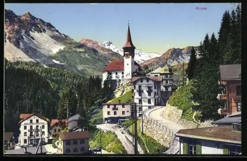 AK Arosa, Teilansicht mit Kirche