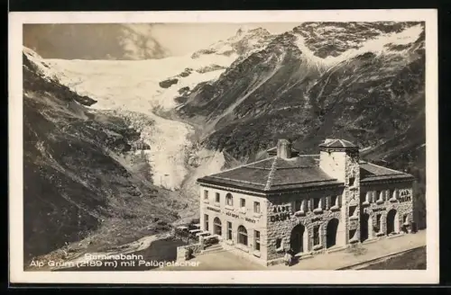 AK Alp Grüm, Bahnhof der Berninabahn mit Palügletscher