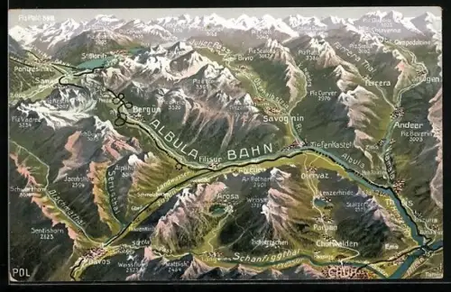 Künstler-AK Chur, Panorama mit Arosa, Bergün und Ferrera-Thal, Piz Piott, Piz Palü und Piz Rosatsch