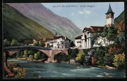AK Bignasco / Valle Maggia, Ortspartie mit Brücke