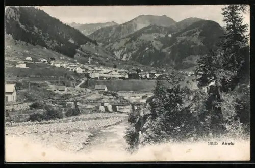 AK Airolo, Ortsansicht mit Brücke und Bergpanorama