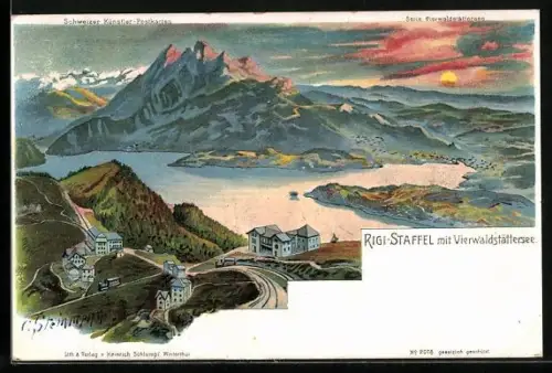 Künstler-Lithographie C. Steinmann: Rigi-Staffel, Blick zum Ort am Vierwaldstättersee