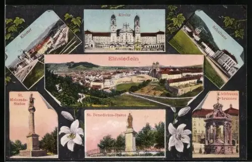 AK Einsiedeln, Kloster, Lebfrauenbrunnen, Schulhaus