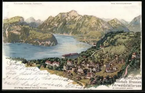 Lithographie Morschach, Ortsansicht oberhalb Brunnen mit dem Vierwaldstättersee