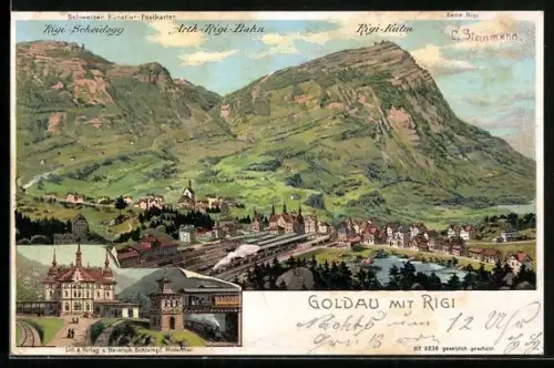 Künstler-AK C. Steinmann: Goldau, Totalansicht mit Bahnhof, Rigi-Scheidegg, Arth-Rigi-Bahn & Rigi-Kulm