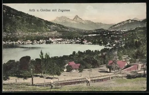 AK Arth, Ortsansicht mit Goldau und Zugersee