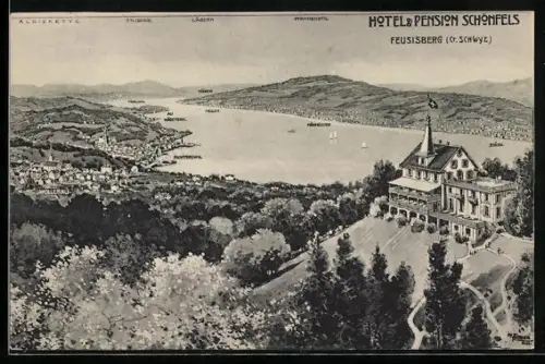 AK Feusisberg, Hotel-Pension Schönfels mit Blick auf Umgebung