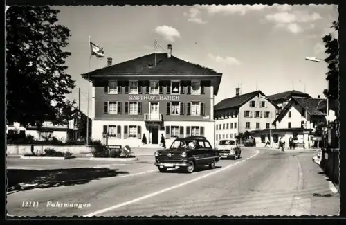 AK Fahrwangen, Strassenpartie mit Gasthof Bären und Auto-Verkehr