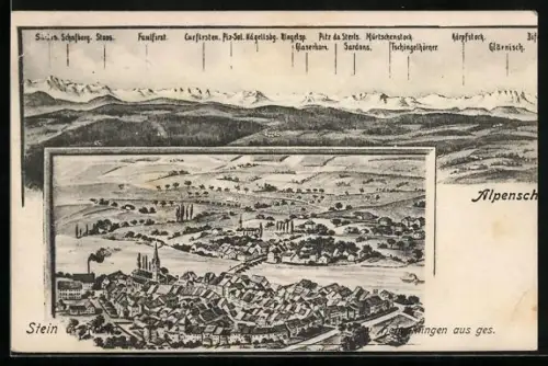 AK Stein a. Rhein, Ortsansicht und Alpenpanorama mit Glaserhorn, Hürtschenstock und Sardona