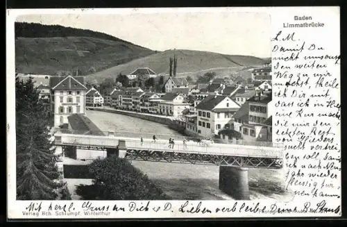 AK Baden, Ortsansicht mit Limmatbrücke