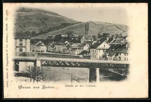 AK Baden, Hotels an der Limmat, Ortspartie mit Brücke
