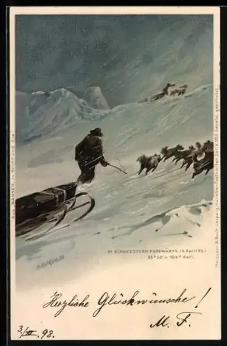Künstler-AK Nansen-Expedition, Nansen mit Hundeschlitten im Schneesturm