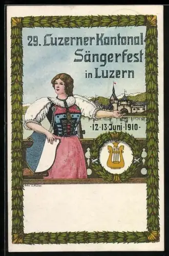 AK Luzern, 29. Kantonale-Sängerfest 1910, Sängerin in Tracht mit Wappen, Lyra