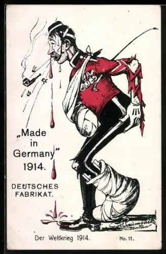 Künstler-AK Verwundeter und blutender Soldat, Made in Germany 1914, Deutsches Fabrikat