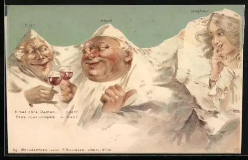 Künstler-AK Killinger Nr.114, E mal ohne Damen...oder? Eiger, Mönch & Jungfrau, Berg mit Gesicht, Berggesichter
