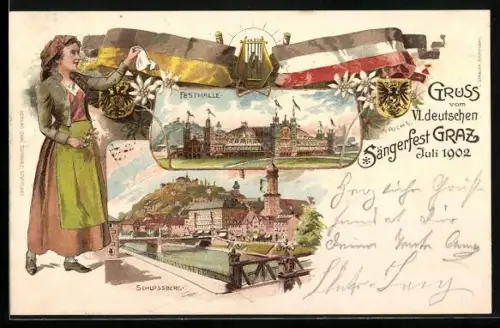 Lithographie Graz, VI. Deutsches Sängerfest 1902, Festhalle, Schlossberg