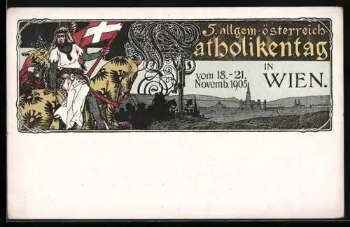 Künstler-AK sign. H. Lukesch: 5. Allgem. österreicher Katholikentag 1905, Ritter mit Fahne