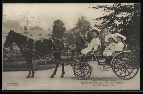 Foto-AK Hugo Erfurth: Prinzessennin Margarethe, Alix und Anna von Sachsen auf Spazierfahrt