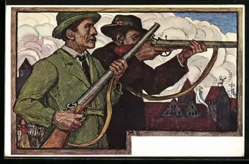 Künstler-AK München, XV. Dt. Bundesschiessen 1906, Schützen beim Schiessen
