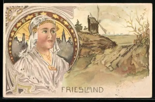 Lithographie Friesland, Friesin in Tracht, Windmühle, Jugendstil