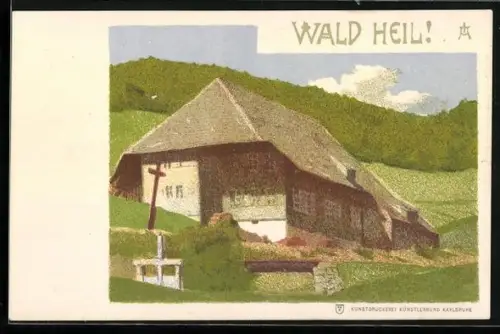 Künstler-AK Künstlerbund Karlsruhe: Ruhiges Haus vor dem Wald, Jugendstil