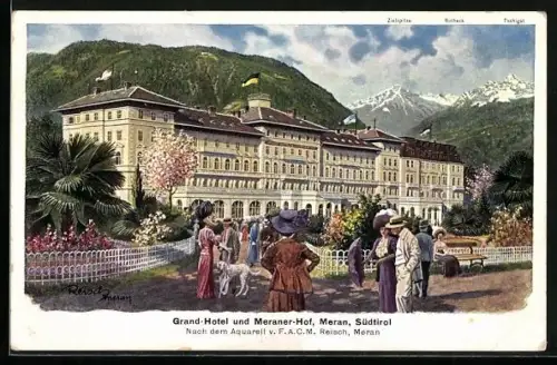 Künstler-AK F.A.C.M. Reisch: Meran, Grand-Hotel und Meraner-Hof