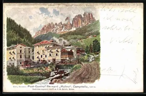 Künstler-AK F.A.C.M. Reisch: Campitello, Post-Gasthof Berard Mulino mit Fluss und Bergspitzen