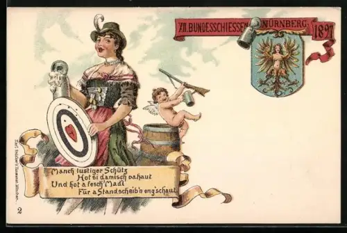 Lithographie Nürnberg, XII. Bundesschiessen 1897, Schützin mit Zielscheibe, Schützenfest