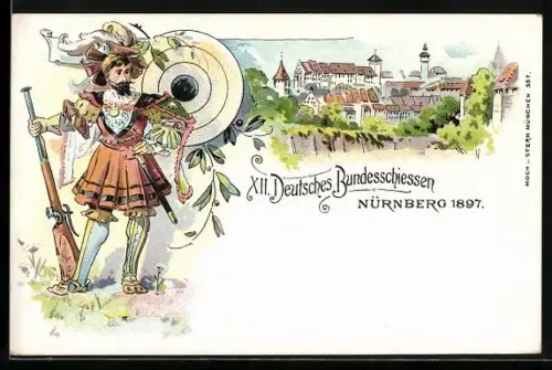 Lithographie Nürnberg, XII. Deutsches Bundesschiessen 1897, Teilansicht, Schütze & Zielscheibe