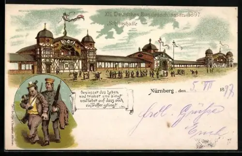 Lithographie Nürnberg, XII. Deutsches Bundesschiessen 1897, Schiesshalle, Schütze mit Pokal