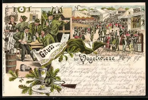 Lithographie Dresden, Buntes Treiben auf der Vogelwiese, Männer am Schiessstand beim Bürgerbräu
