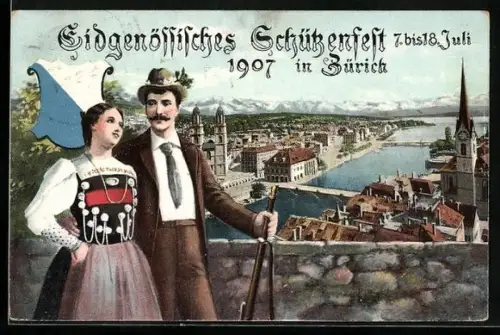 AK Zürich, eidg. Schützefest 1907, Päarchen mit züricher Hintergrund
