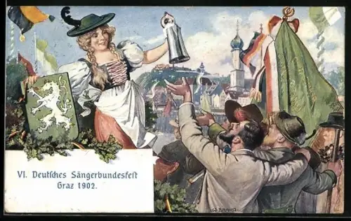 Künstler-AK W. Braun: VI. Deutsches Sängerbundesfest Graz 1902, Dame in Tracht mit Bierkrug und Wappen
