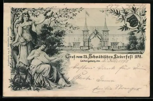 Künstler-AK Ludwigsburg / Württemberg, Sängerfest 1898 - Haupteingang zum Festplatz, Allegorische Figuren