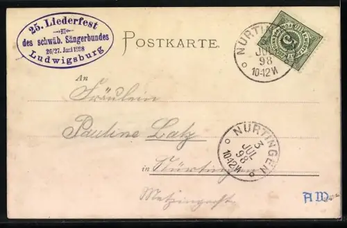 Künstler-AK Ludwigsburg / Württemberg, Sängerfest 1898 - Haupteingang zum Festplatz, Allegorische Figuren