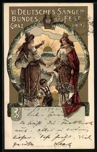 Lithographie Graz, 6. Dt. Sängerbundesfest 1902, Germania reicht ihrer Schwester die Hand, Wappen