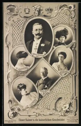 AK Kaiser Wilhelm II. und seine kaiserlichen Geschwister, Prinz Heinrich von Preussen, Erbprinzessin von Sachsen-Meininge