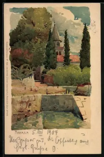 Künstler-AK Raoul Frank: Abbazia, Parkpartie mit Kirche