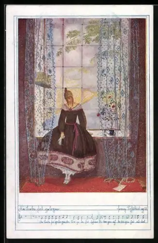 Künstler-AK Mela Köhler, Deutscher Schulverein Nr. 1221: Junge Dame in dunklem Kleid lehnt an einem Fenster