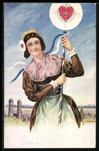 Künstler-AK München, 18. Deutsches Bundesschiesse 1927, junge Frau mit hält eine Zielscheibe mit rotem Herz