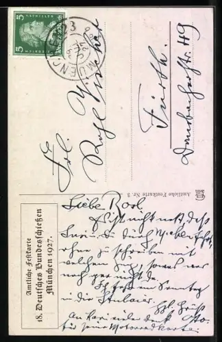 Künstler-AK München, 18. Deutsches Bundesschiesse 1927, junge Frau mit hält eine Zielscheibe mit rotem Herz