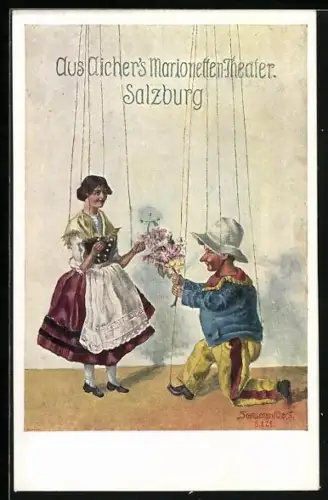 Künstler-AK Salzburg, Aicher`s Marionetten-Theater, Verehrer schenkt seiner Geliebten Blumen, Puppentheater