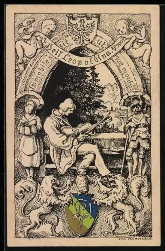 AK Student mit Bratsche vor Landschaft, Heil Leopoldina v. 1901, Studentenwappen