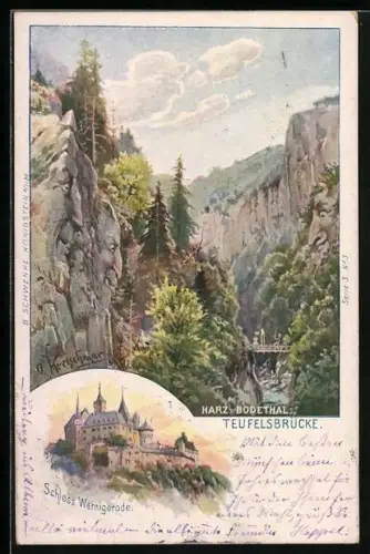 Künstler-AK O. Kretschmar: Thale, Teufelsbrücke, Schloss Wernigerode, vermenschlichte Berge, Berggesichter